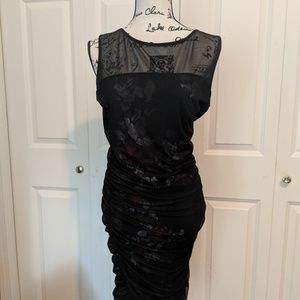 Torrid Pencil Dress with Red Roses, Black Overlay